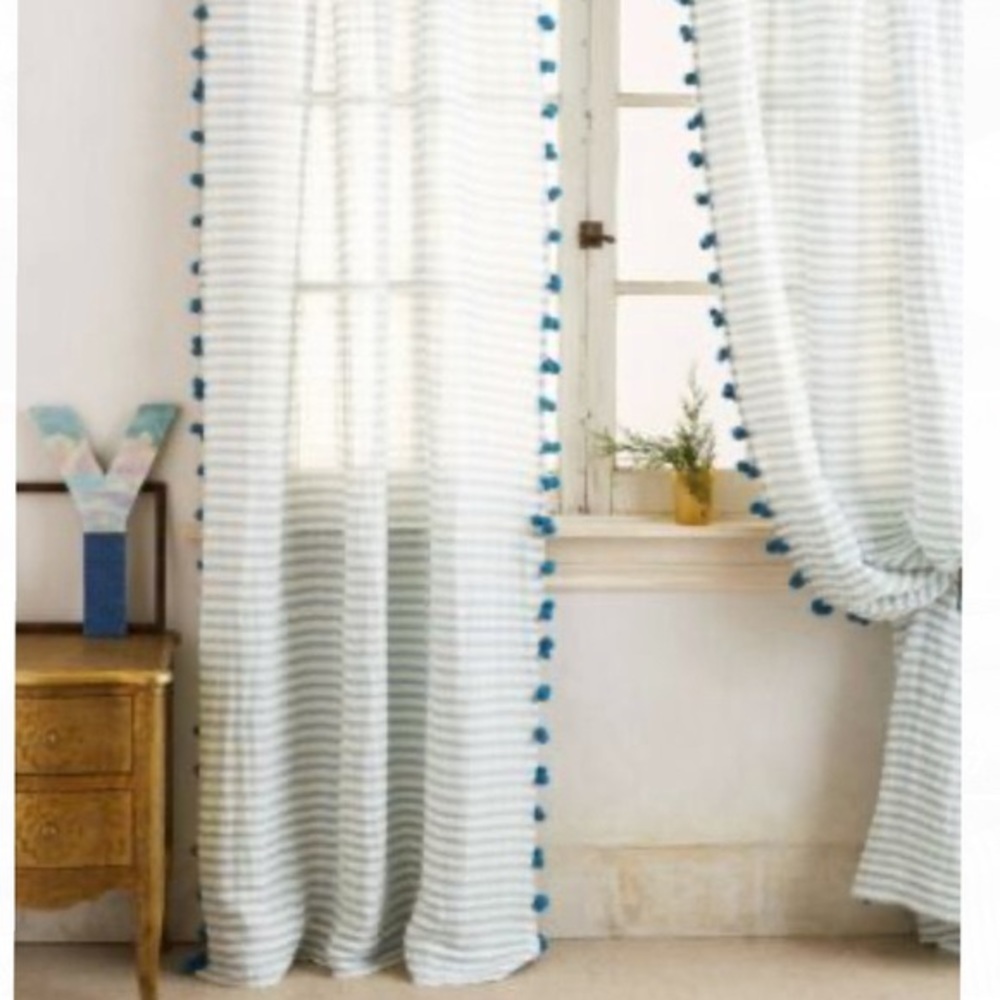 Set of 2 Anthropologie blue pom tassel curtains